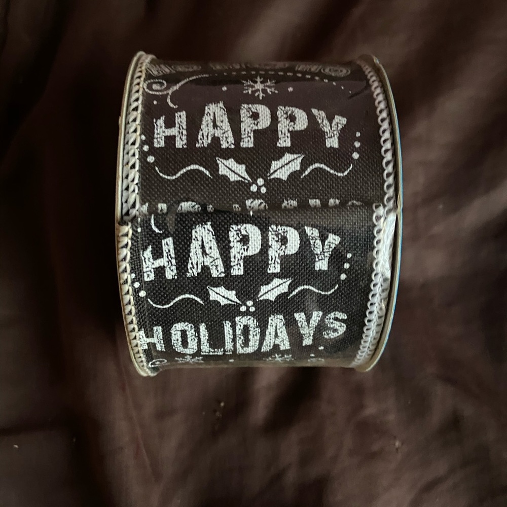 Nip black and white happy holiday fabric ribbon